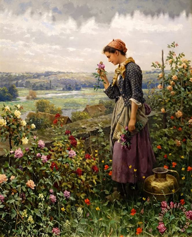 Daniel Ridgway Knight Maiden Picking Flowers Art Print