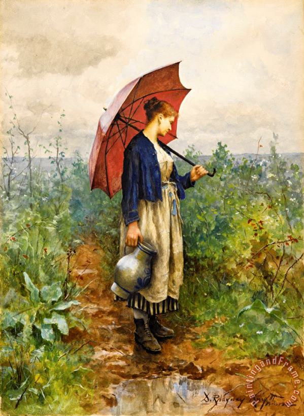 Daniel Ridgway Knight Portrait of a Woman with Umbrella Gathering Water Art Painting