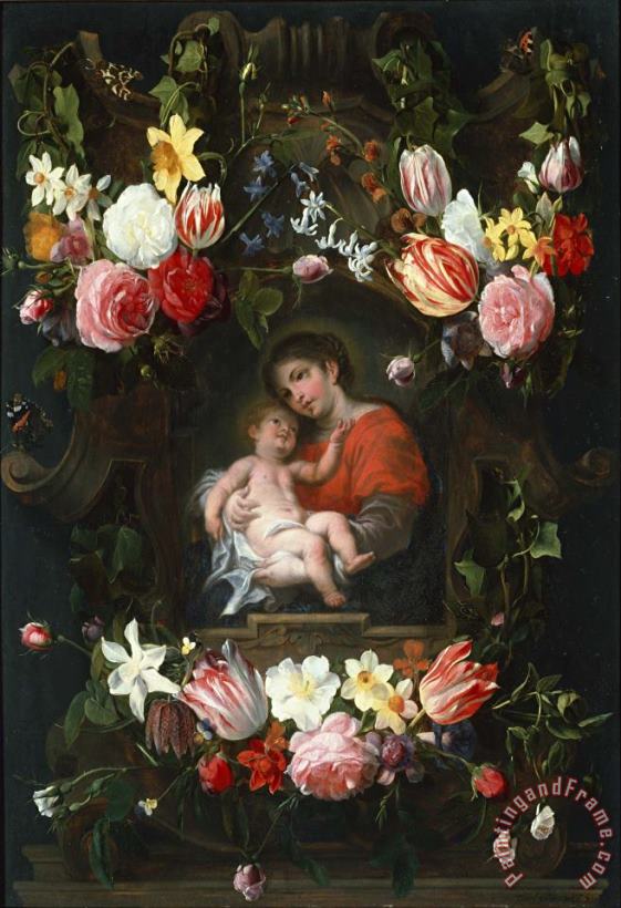 Daniel Seghers Garland of Flowers with Madonna And Child Art Painting