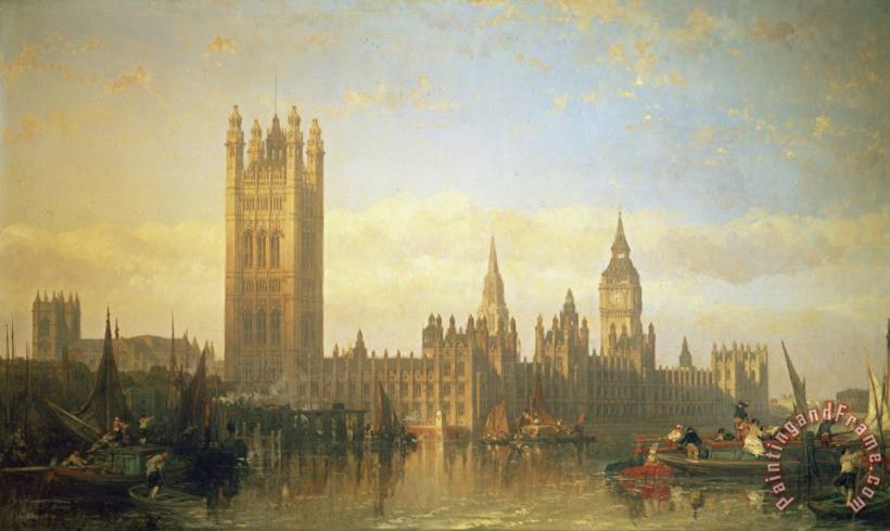 David Roberts New Palace of Westminster from the River Thames Art Print