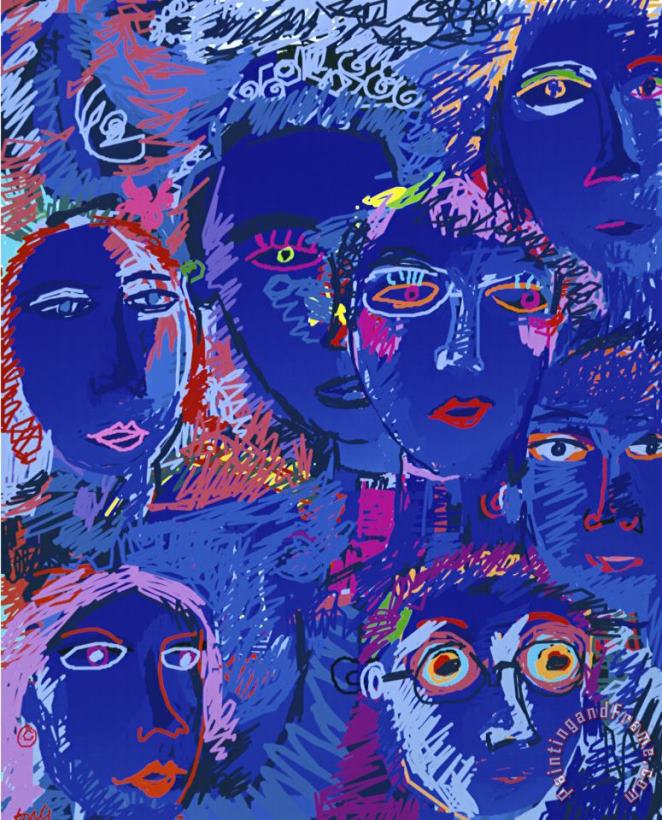 Blue Faces painting - Diana Ong Blue Faces Art Print