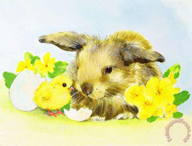 Diane Matthes Easter Bunny With Primrose And Chick Art Painting