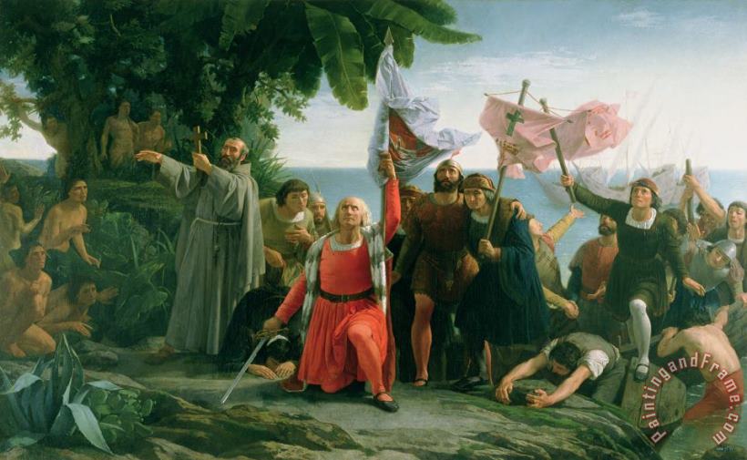 The First Landing of Christopher Columbus painting - Dioscoro Teofilo Puebla Tolin The First Landing of Christopher Columbus Art Print