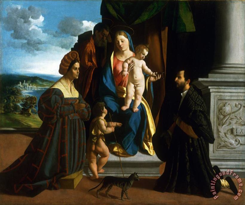 The Holy Family, with The Young Saint John The Baptist, a Cat, And Two Donors painting - Dosso Dossi The Holy Family, with The Young Saint John The Baptist, a Cat, And Two Donors Art Print