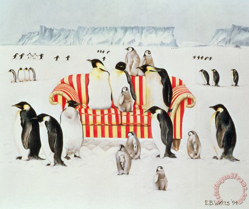 EB Watts Penguins On A Red And White Sofa Art Print