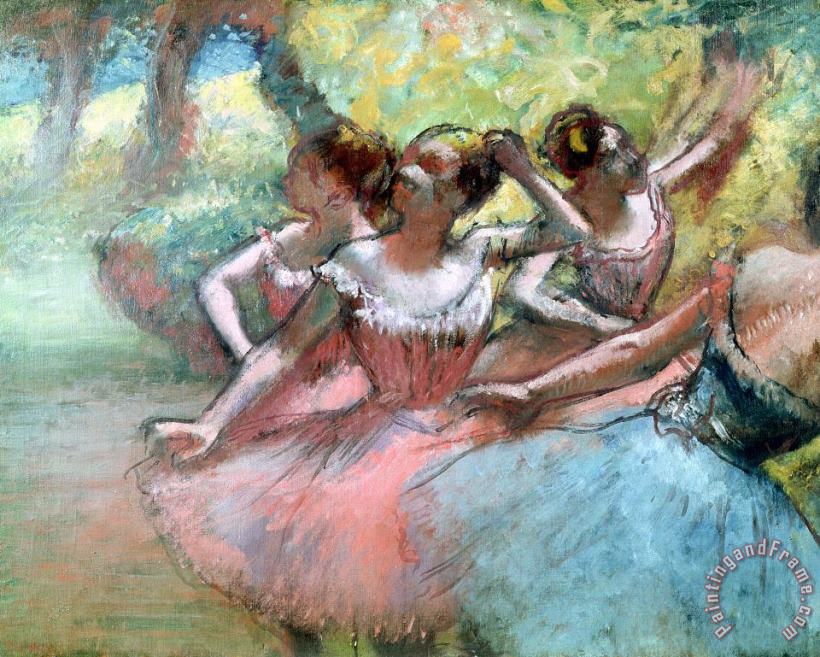 Four ballerinas on the stage painting - Edgar Degas Four ballerinas on the stage Art Print