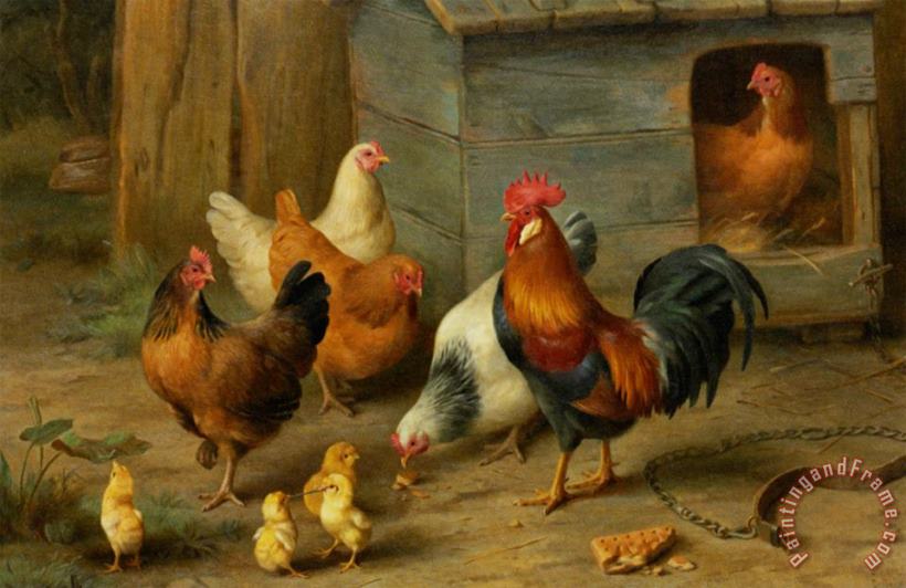 Edgar Hunt A Cockerel with Chickens Art Print