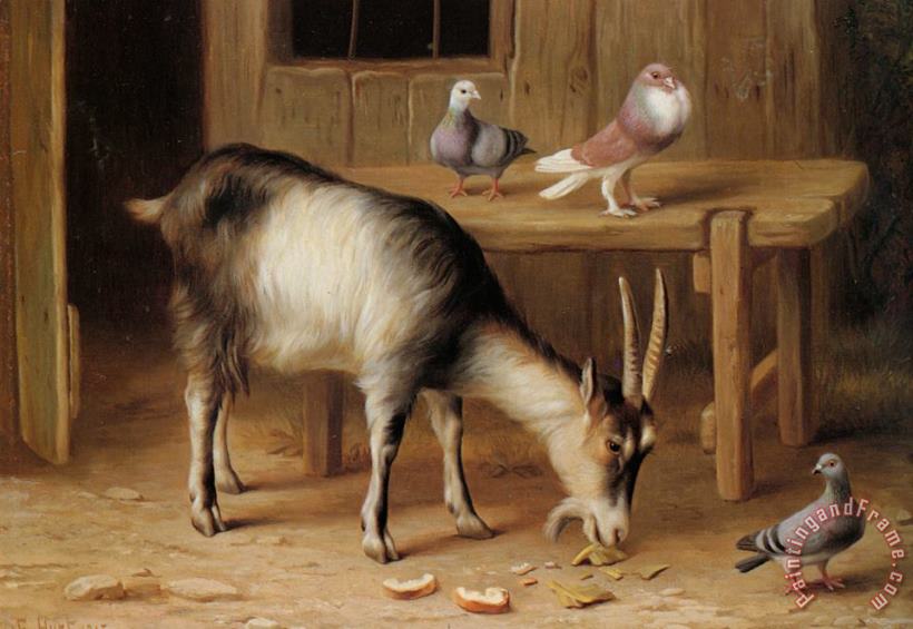 A Goat And Pigeons in a Farmyard painting - Edgar Hunt A Goat And Pigeons in a Farmyard Art Print