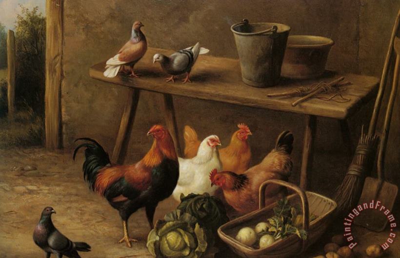 Edgar Hunt Chickens And Pigeons in a Farmyard Art Print