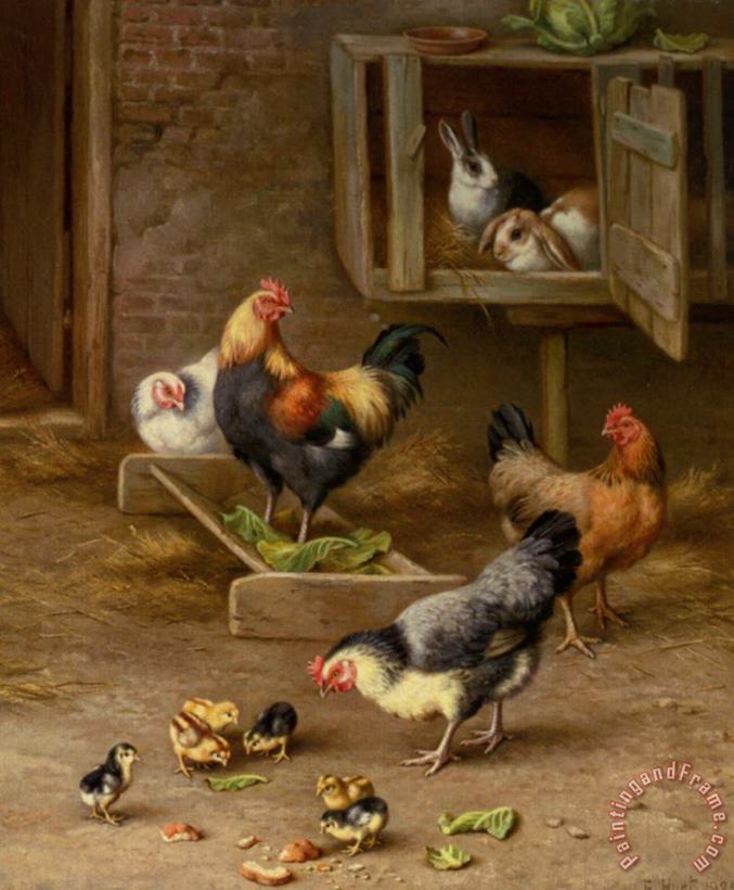 Edgar Hunt Chickens Chicks And Rabbits in a Hutch Art Print