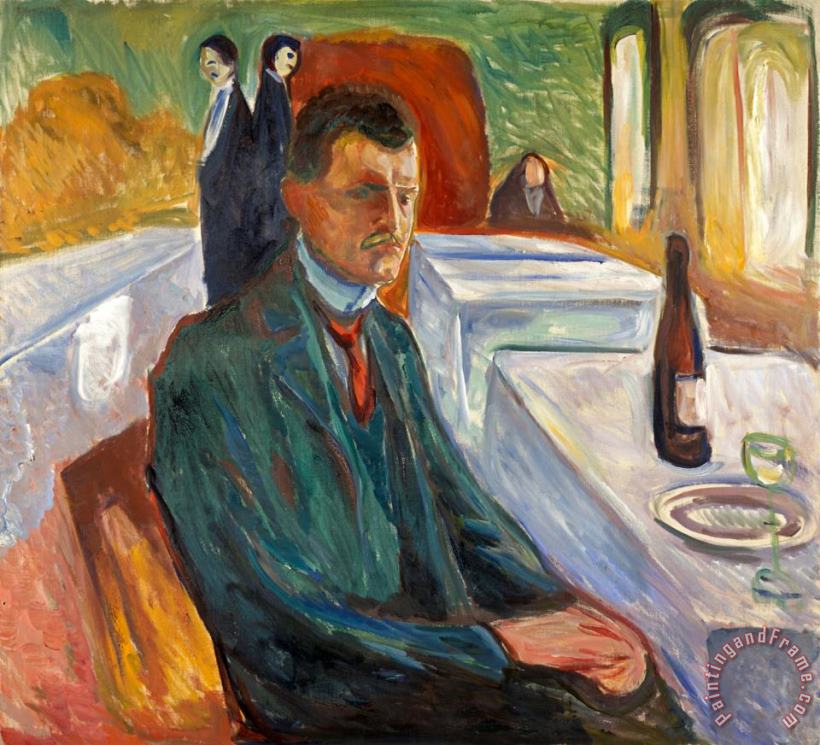 Self Portrait with a Bottle of Wine painting - Edvard Munch Self Portrait with a Bottle of Wine Art Print