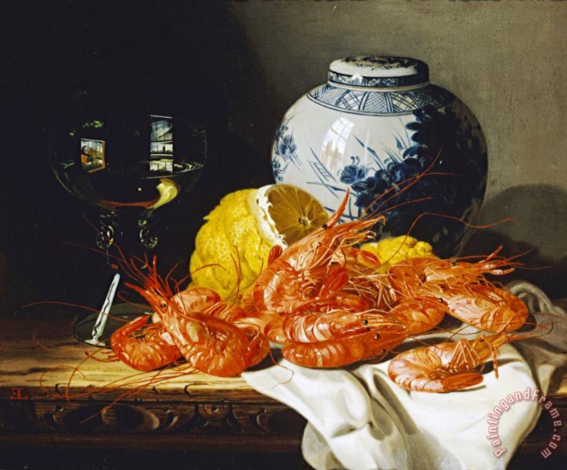 Shrimps, a Peeled Lemon, a Glass of Wine painting - Edward Ladell Shrimps, a Peeled Lemon, a Glass of Wine Art Print