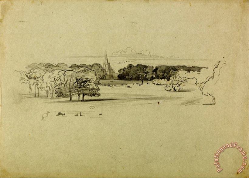 Edward Lear View Across a Meadow to a Church Art Painting