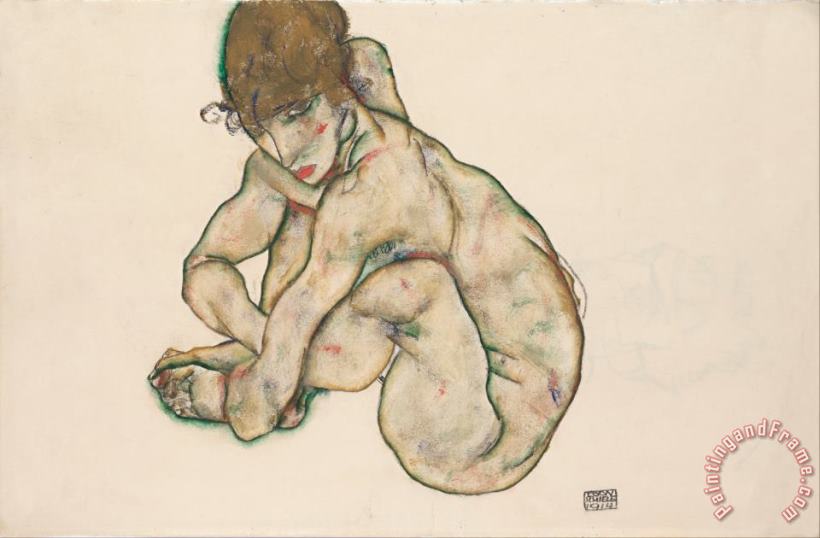Crouching Nude Girl painting - Egon Schiele Crouching Nude Girl Art Print