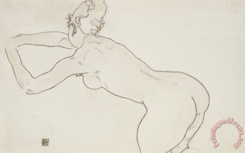 Egon Schiele Female Nude Kneeling and Bending Forward to the Left Art Painting