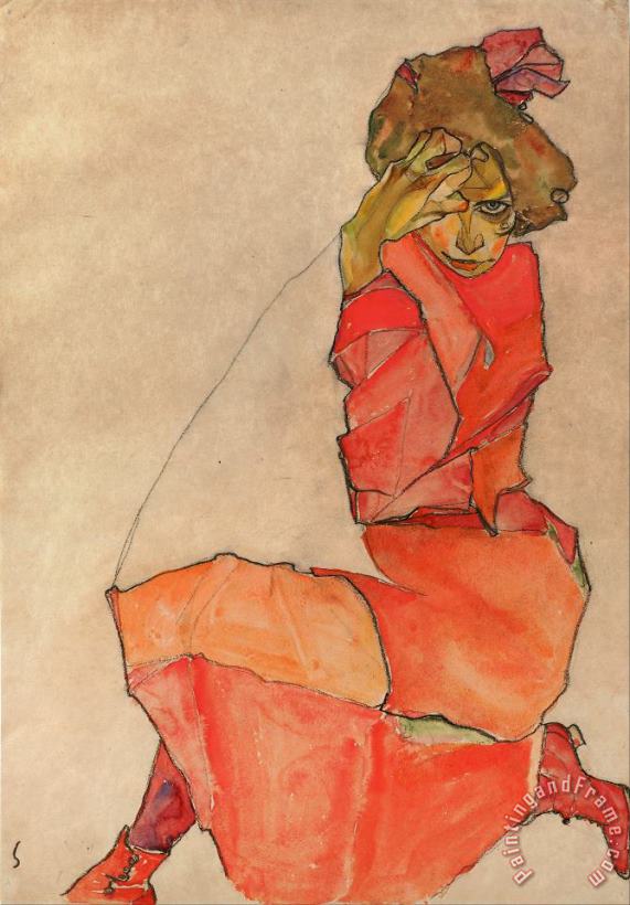 Egon Schiele Kneeling Female in Orange Red Dress Art Print