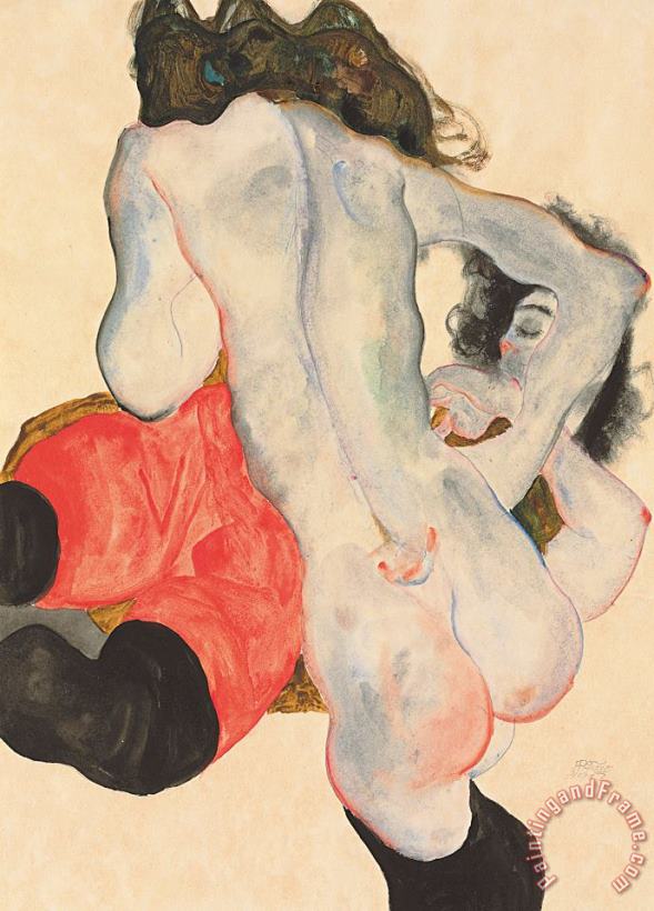 Reclining woman in red trousers and standing female nude painting - Egon Schiele Reclining woman in red trousers and standing female nude Art Print