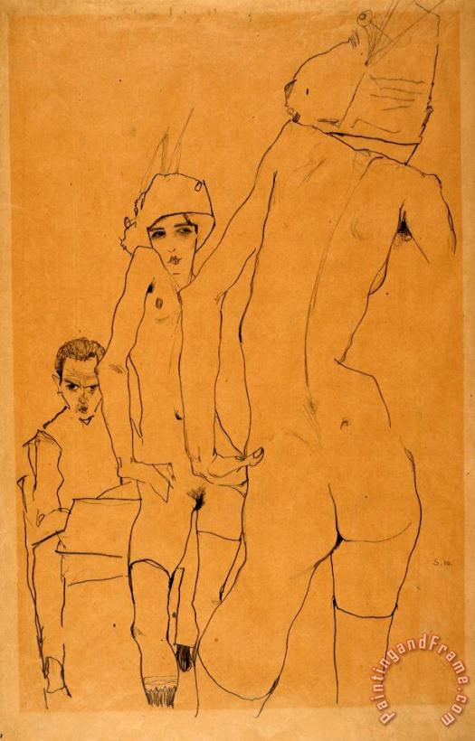 Schiele with Nude Model Before The Mirror, 1910 painting - Egon Schiele Schiele with Nude Model Before The Mirror, 1910 Art Print