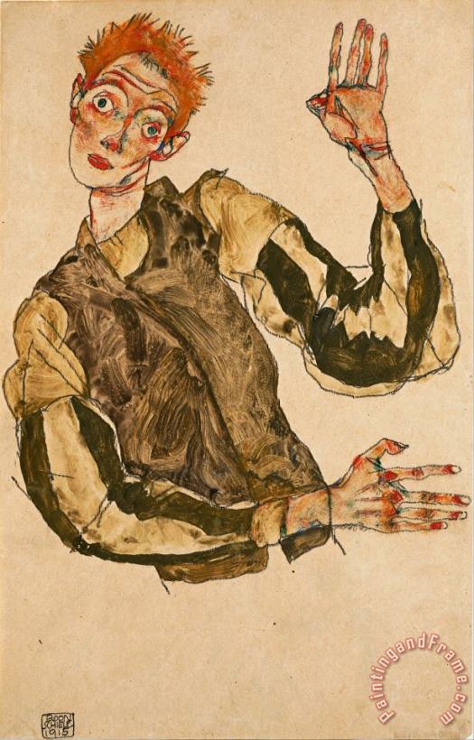 Self Portrait with Striped Armlets painting - Egon Schiele Self Portrait with Striped Armlets Art Print
