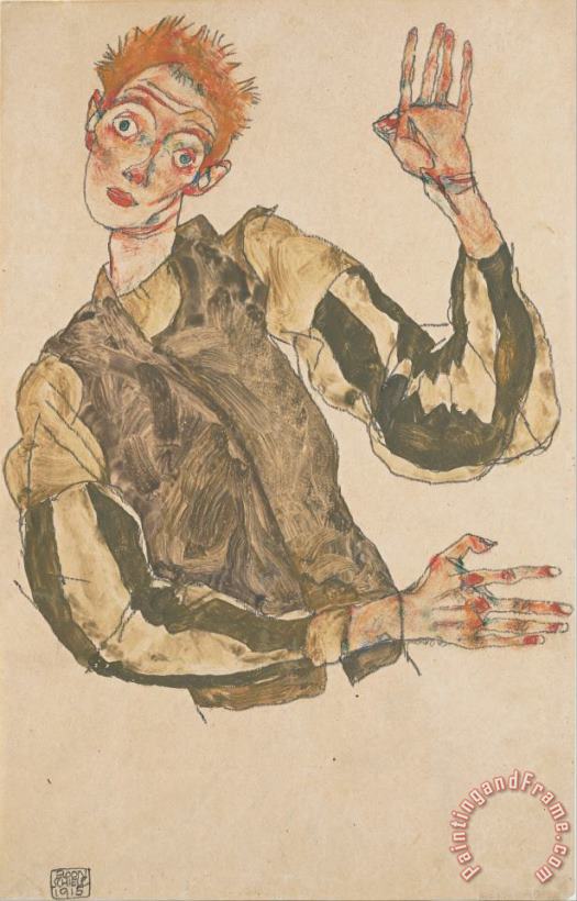 Egon Schiele Self Portrait with Striped Sleeves Art Painting