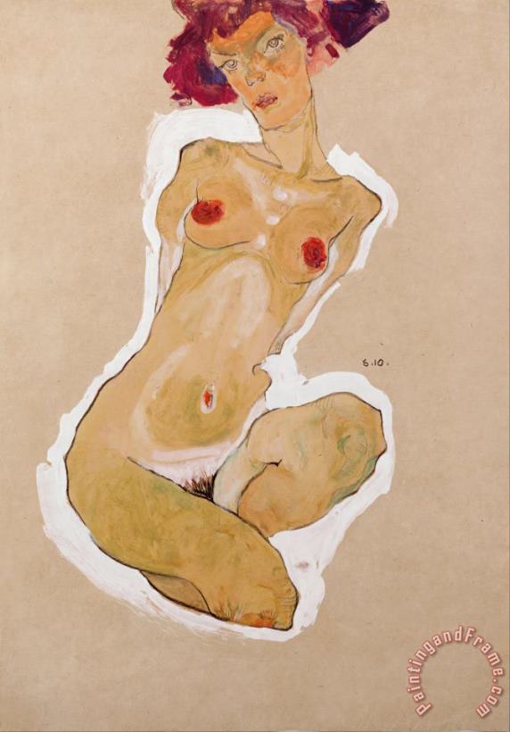 Squatting Female Nude painting - Egon Schiele Squatting Female Nude Art Print