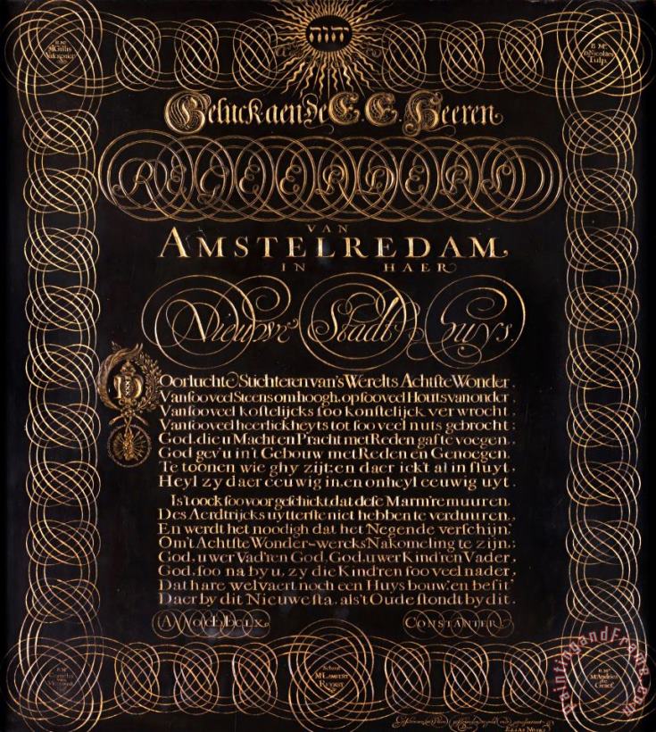 Elias Noski Engraved Poem by C. Huygens 'geluck Aen De E.e. Heeren Regeerders Van Amstelredam...' Art Print