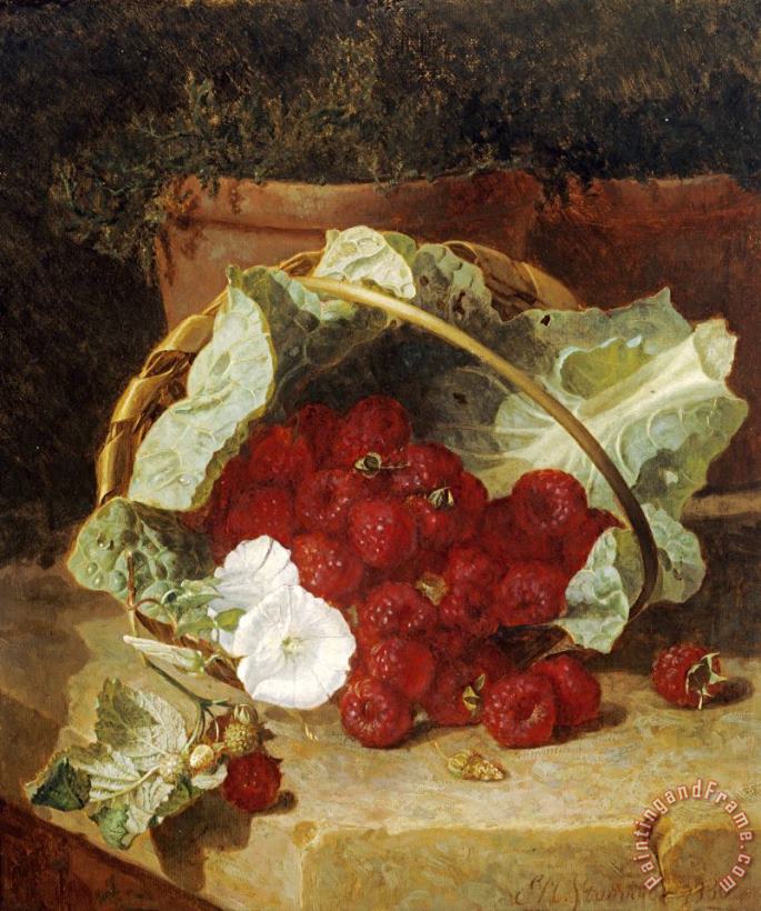 Raspberries in a Cabbage Leaf Lined Basket with White Convulus on a Stone Ledge 1880 painting - Eloise Harriet Stannard Raspberries in a Cabbage Leaf Lined Basket with White Convulus on a Stone Ledge 1880 Art Print