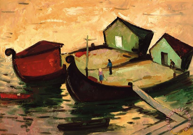 Fishing Barges On The River Sugovica painting - Emil Parrag Fishing Barges On The River Sugovica Art Print