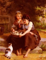Emile Munier Two Girls with a Basket of Kittens