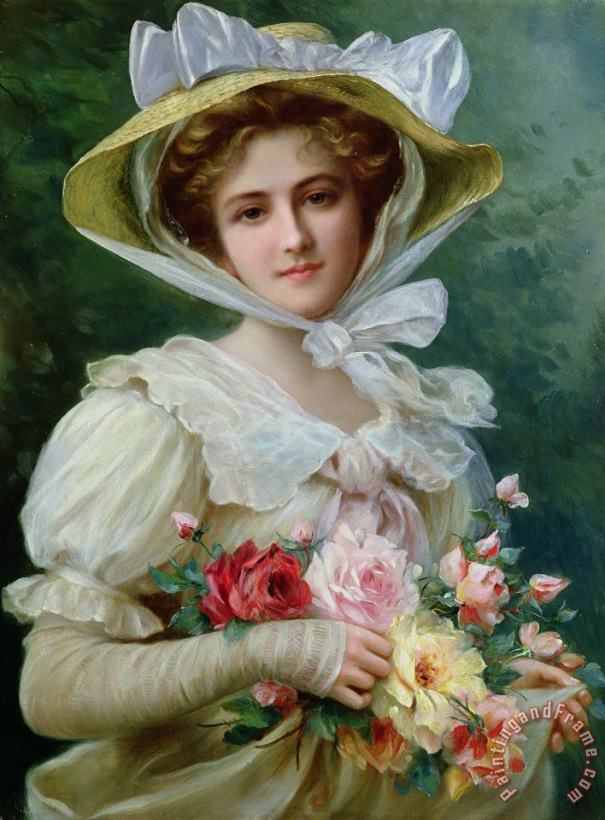 Emile Vernon Elegant lady with a bouquet of roses Art Painting