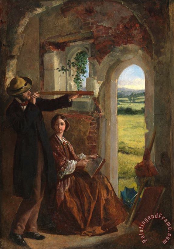 Couple Observing a Landscape painting - English School Couple Observing a Landscape Art Print