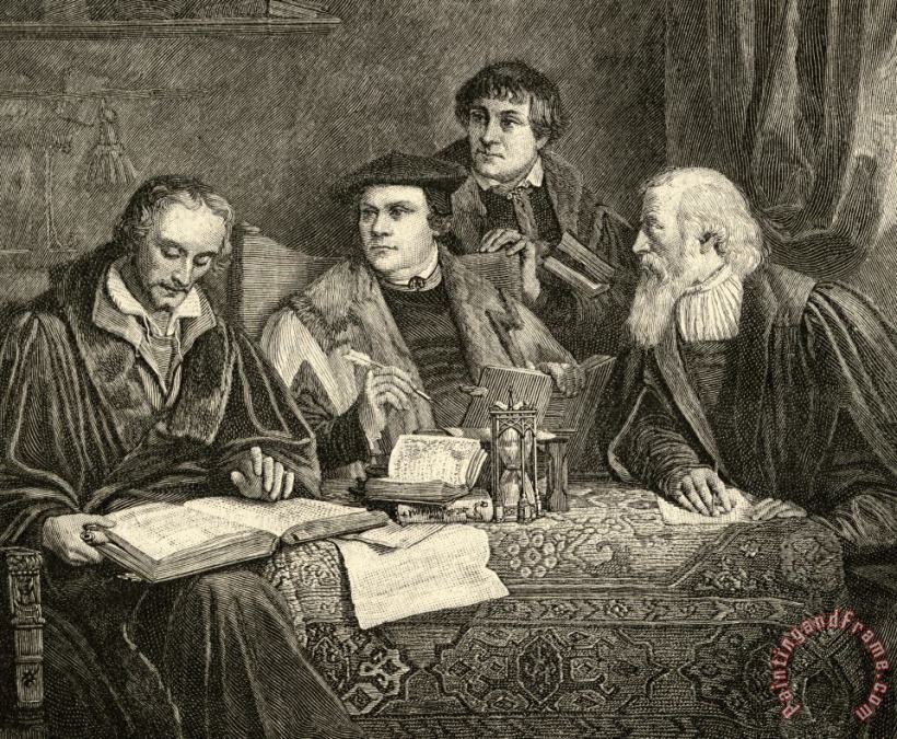 English School Luther Melancthon Pomeranus And Cruciger Translating Art Print