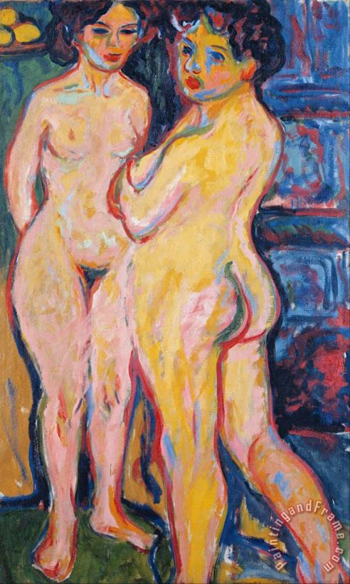 Nudes Standing by Stove painting - Ernst Ludwig Kirchner Nudes Standing by Stove Art Print