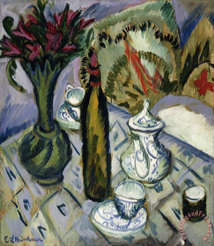 Teapot Bottle And Red Flowers painting - Ernst Ludwig Kirchner Teapot Bottle And Red Flowers Art Print