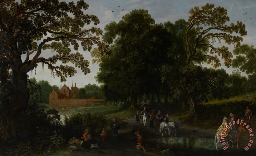 Esaias I van de Velde Landscape With A Courtly Procession Before Abtspoel Castle Art Print
