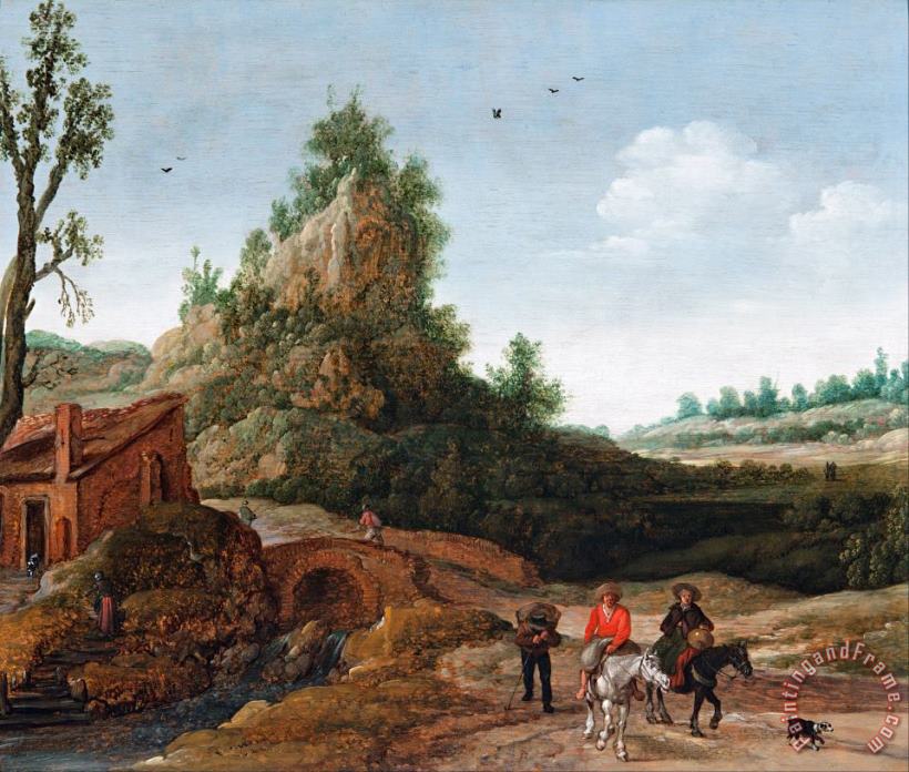 Esaias Van De Velde A Landscape with Travellers Crossing a Bridge Before a Small Dwelling, Horsemen in The Foreground Art Painting