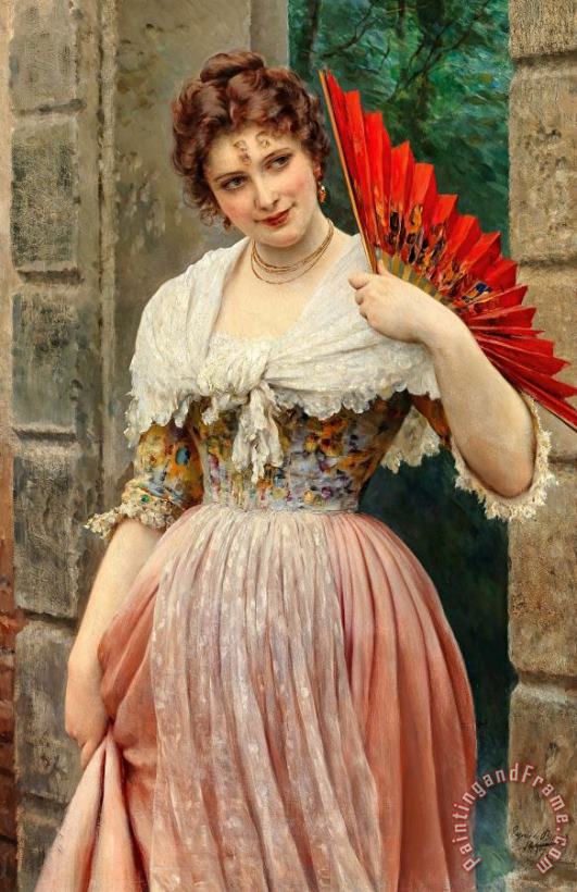 Eugen von Blaas Junge Dame Mit Rotem Facher, 1897 Art Painting