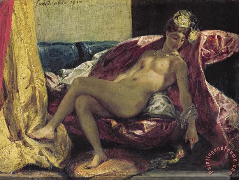 Reclining Odalisque Or, Woman with a Parakeet painting - Eugene Delacroix Reclining Odalisque Or, Woman with a Parakeet Art Print