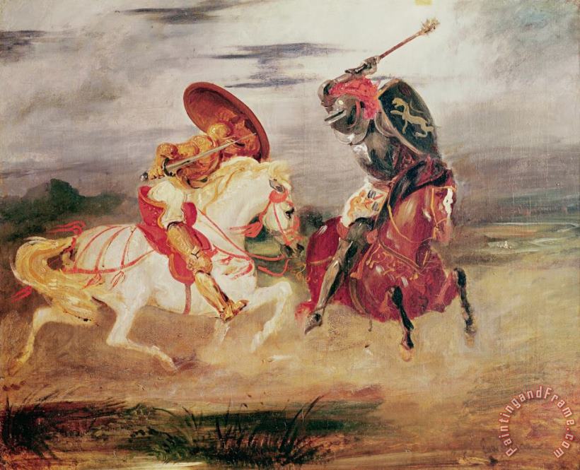Eugene Delacroix Two Knights Fighting in a Landscape Art Painting
