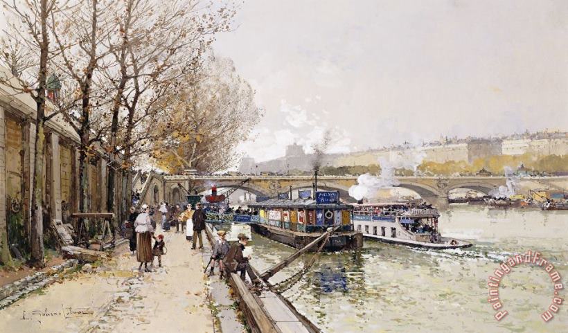 Barges On The Seine painting - Eugene Galien-Laloue Barges On The Seine Art Print