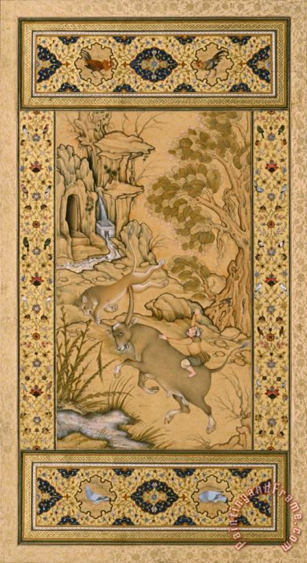 Leaf From The Muraqqa Gulshan a Buffalo Fighting a Lioness (recto) Calligraphy (verso) painting - Farrukh Chela Leaf From The Muraqqa Gulshan a Buffalo Fighting a Lioness (recto) Calligraphy (verso) Art Print
