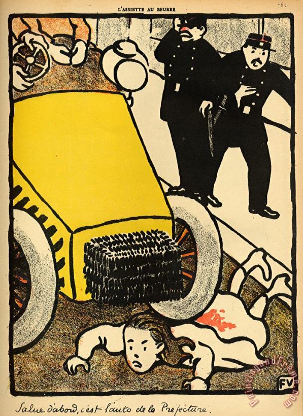 Felix Edouard Vallotton A police car runs over a little girl Art Print