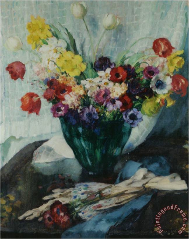 Fernand Toussaint Vase De Fleurs Et Rideau Blanc Art Print