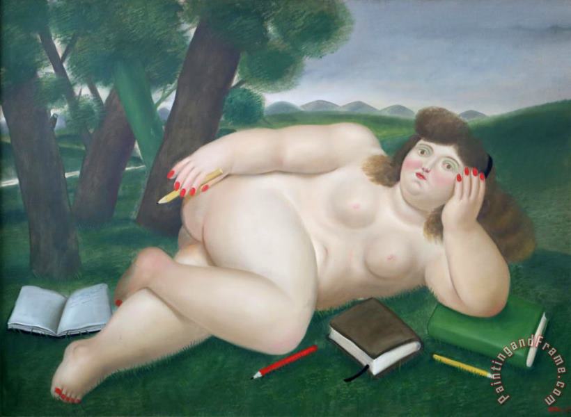 Fernando Botero Reclining Nude with Books And Pencils on Lawn, 1982 Art Painting