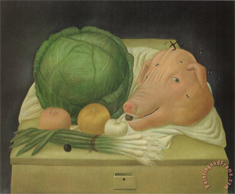 Still Life with The Head of Pork painting - fernando botero Still Life with The Head of Pork Art Print