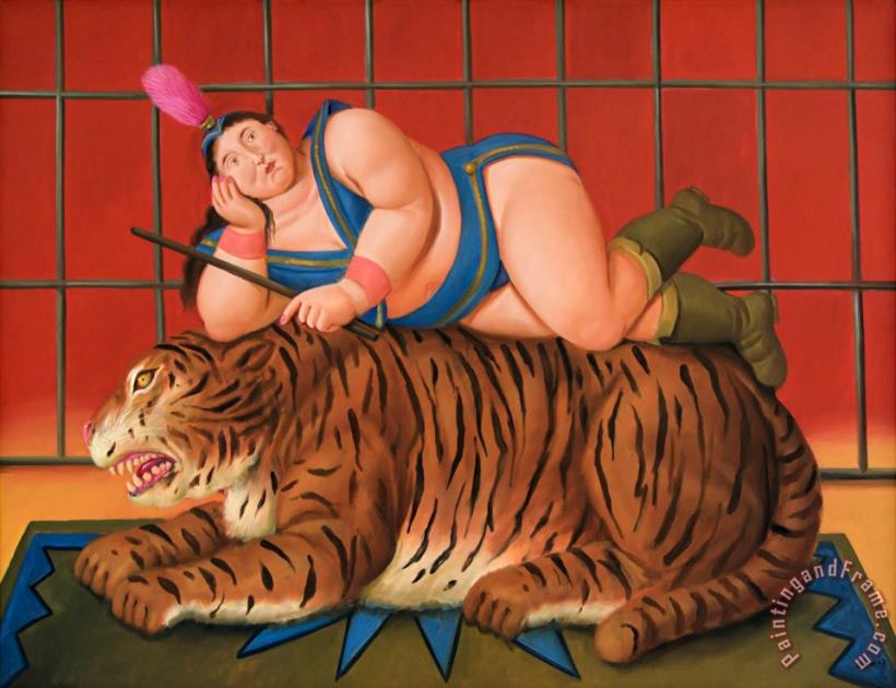 Trainer with Tiger, 2007 painting - Fernando Botero Trainer with Tiger, 2007 Art Print