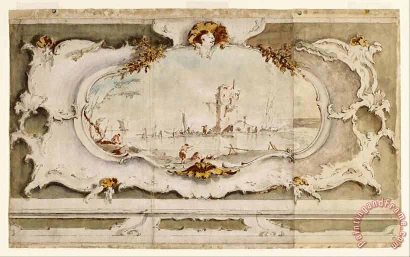 Decorative Cartouche with a Landscape painting - Francesco Guardi Decorative Cartouche with a Landscape Art Print