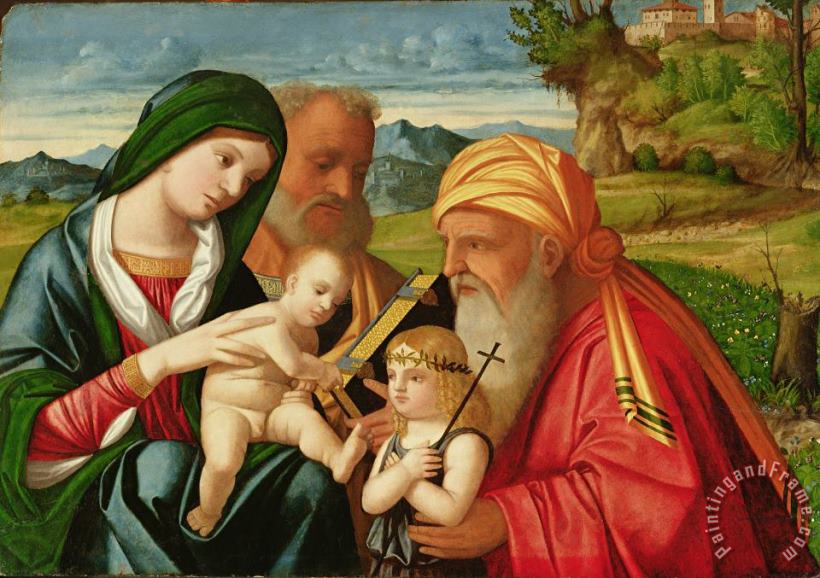 Holy Family with St. Simeon and John the Baptist painting - Francesco Rizzi da Santacroce Holy Family with St. Simeon and John the Baptist Art Print