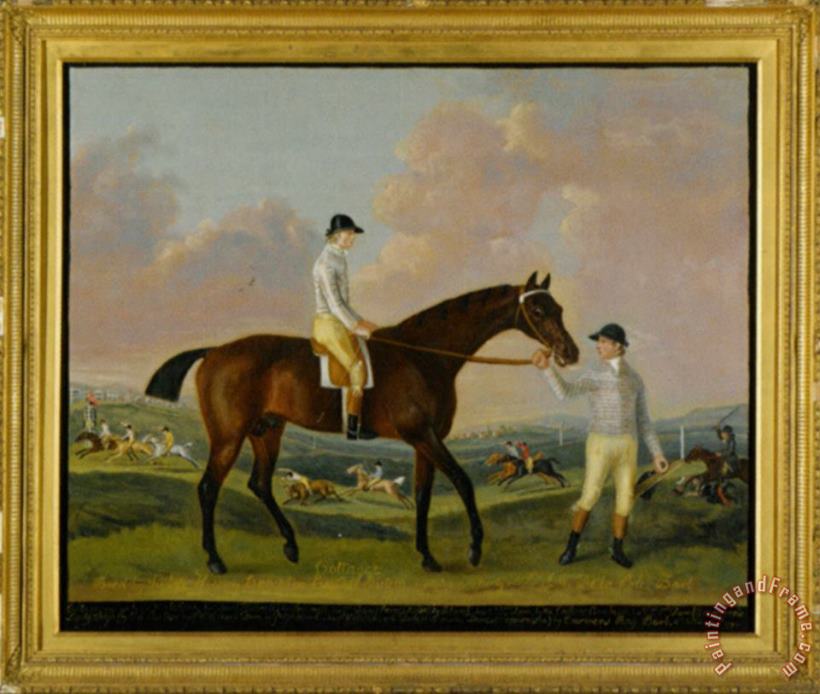 Portrait of Henry Comptons Race Horse Cottager Held by a Groom with Jockey And a Race Beyond painting - Francis Sartorius Portrait of Henry Comptons Race Horse Cottager Held by a Groom with Jockey And a Race Beyond Art Print