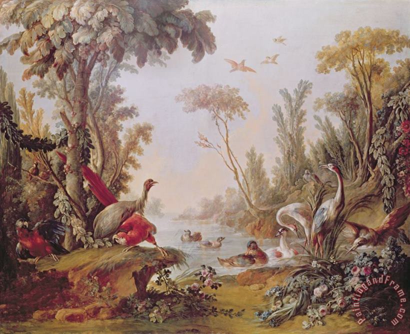 Lake with geese storks parrots and herons painting - Francois Boucher Lake with geese storks parrots and herons Art Print